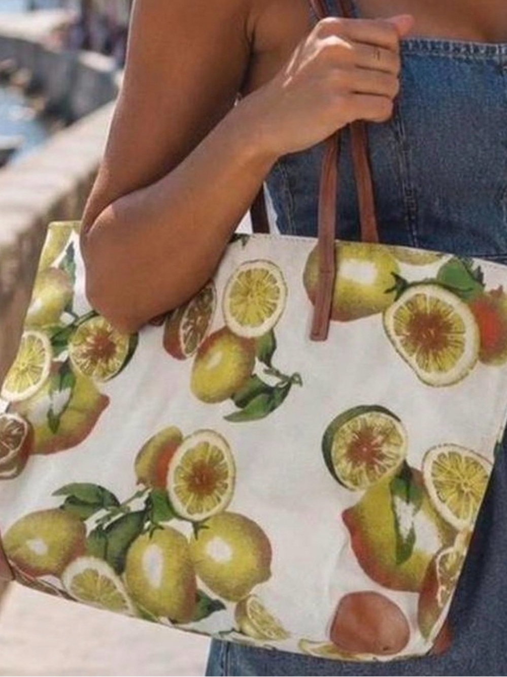 Banana Republic Kennedy Canvas Tote|Lemon Print 100% Cotton. Cow Leather Trim